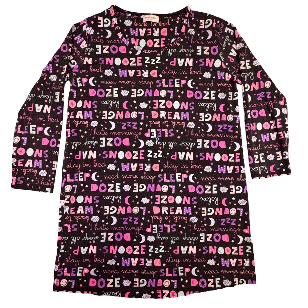 Enjoynight Nightgown‎ Women's Medium Black Sleep Typography Long Sleeve Sleep In